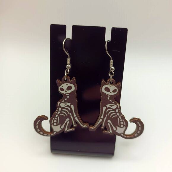 Skeleton Cat Earrings | Lightweight Wooden Dangle Earrings | Spooky Cute | New - Picture 1 of 2